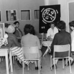 Black and white photo of antenatal classes at Oxlow Lane Clinic (c.1957)