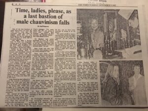 Newspaper clipping with the heading 'Time, ladies, please, as a last bastion of male chauvinism falls'